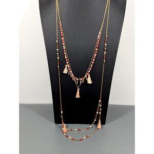 CATO Boho Coastal Pink Red Multi Chain Long Layer Tassel Necklace Gold Tone 30"
